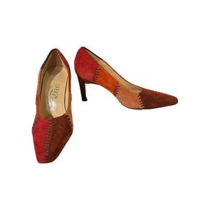 Salvatore Ferragamo Suede Patchwork Red Rust Multi-Color Heels, Size 6